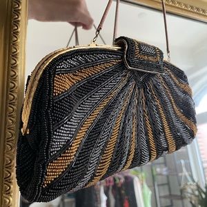 Beaded black/navy/gold vintage purse